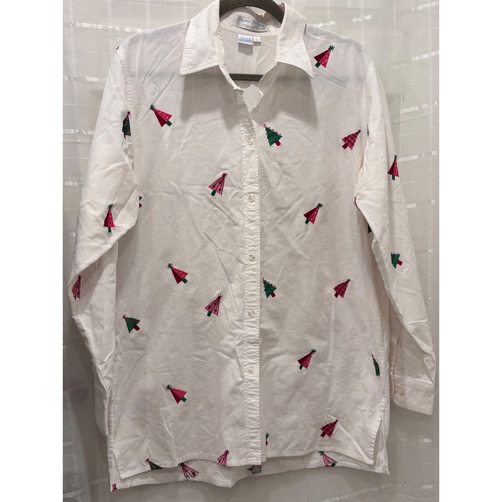 Casey Coleman Womens Large White Cotton Christmas Tree Embroidered Button Down